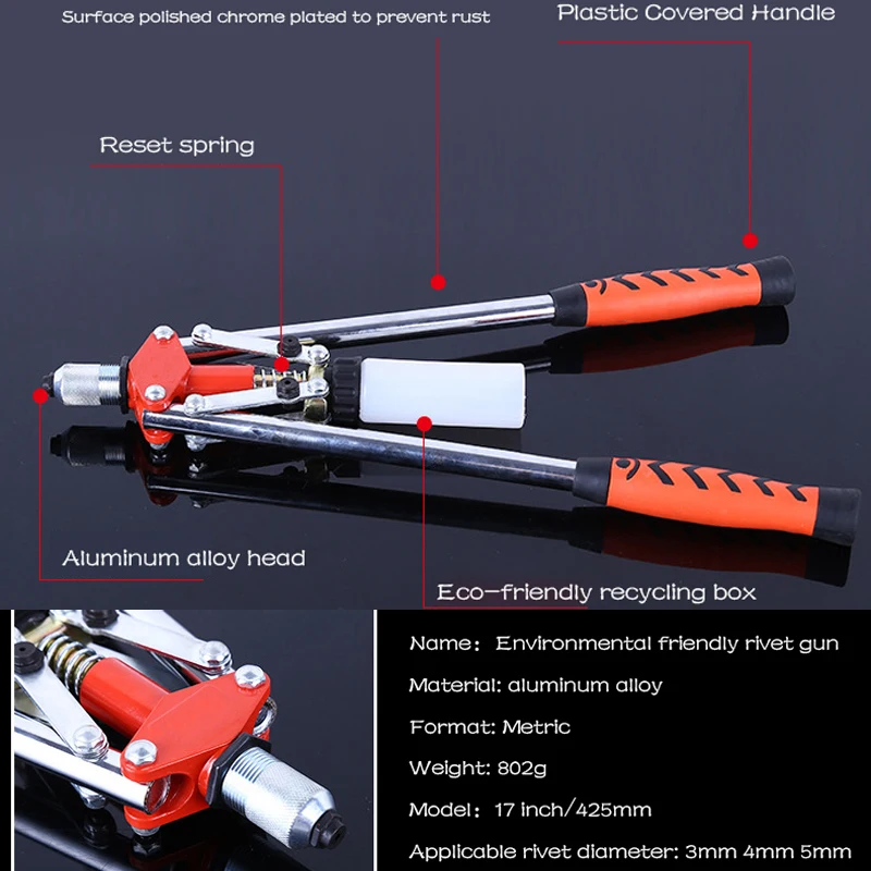 Pistola de remache de doble mango ecológica, máquina de remache de tuercas, grapadora de construcción DIY, herramienta de mano de decoración del hogar, 17 pulgadas