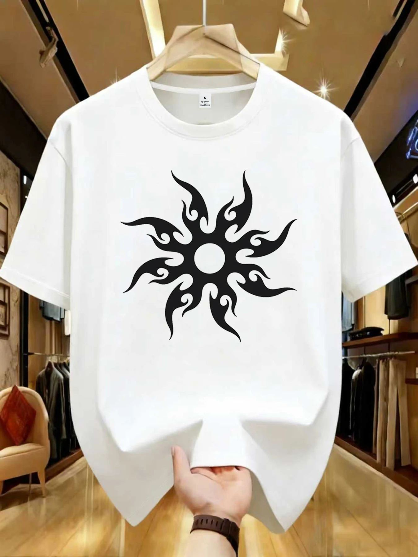 【WZM10619】Tribal Sun Flame Celestial Line Art Graphic Women's Printed Crew Neck T-Shirt Summer Casual Short Sleeve Street Style