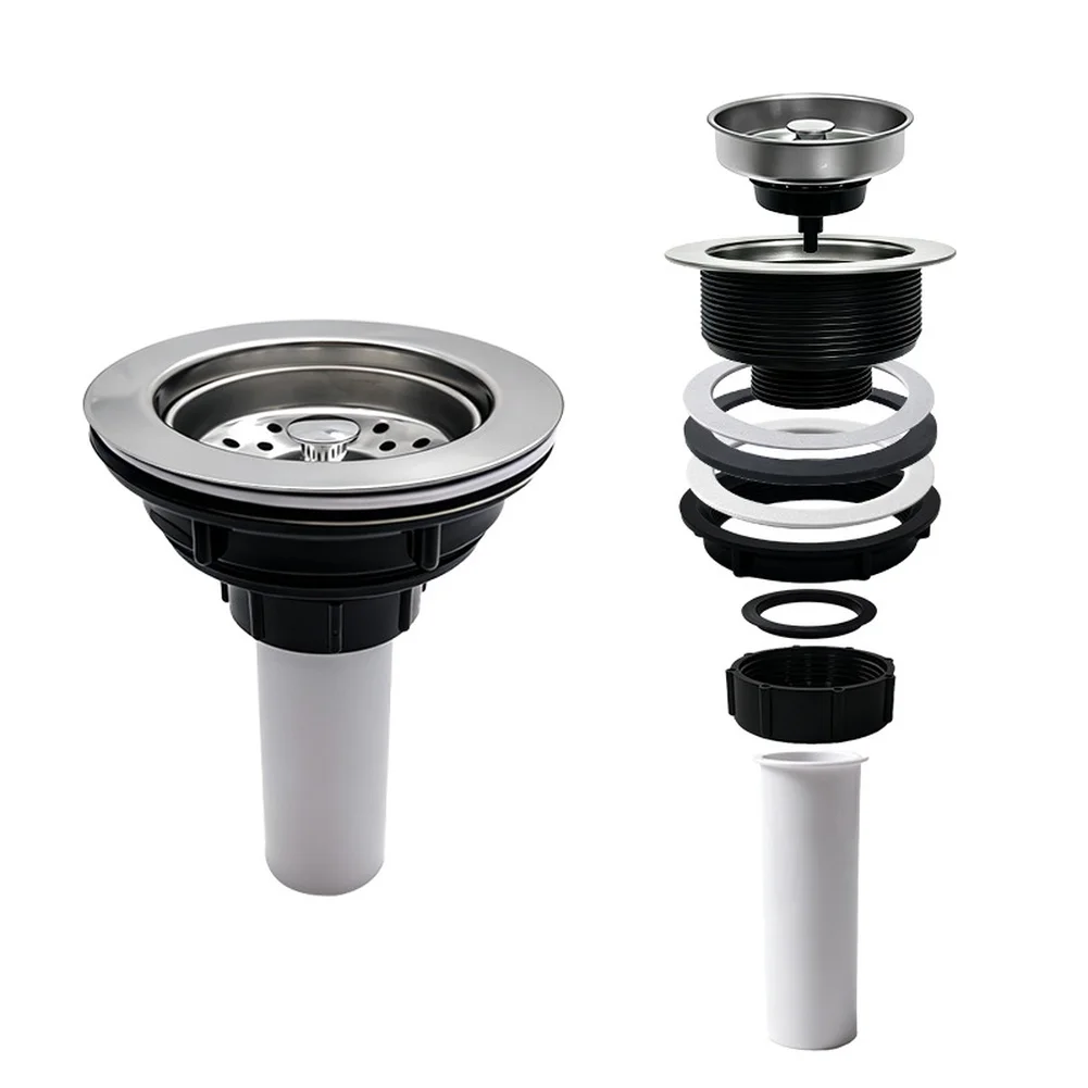 Stainless Steel Kitchen Sink Filter With Trap Kit For 110mm Basket Sink Filter Straight Drainage Pipe Easy-Pull Filtration Tools