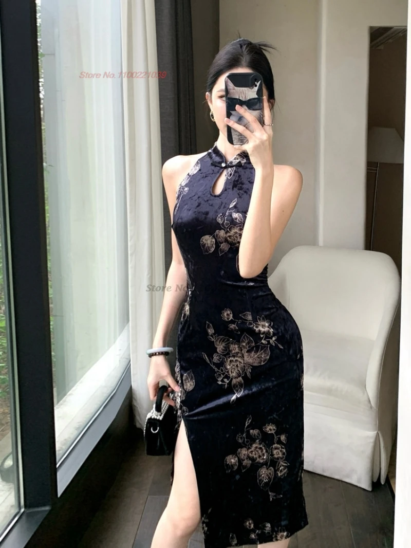 

2026 chinese sexy qipao sleeveless cheongsam dress flower print velvet dress traditional nightclub qipao banquet dress vestido