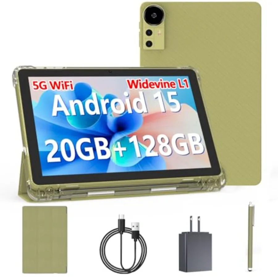 

Android 15 10 inch Tablet with 20GB RAM 128GB ROM 2TB Expandable Yellow Tablet PC with Case Stylus 2.0Ghz Quad-Core 5G WiFi6 BT