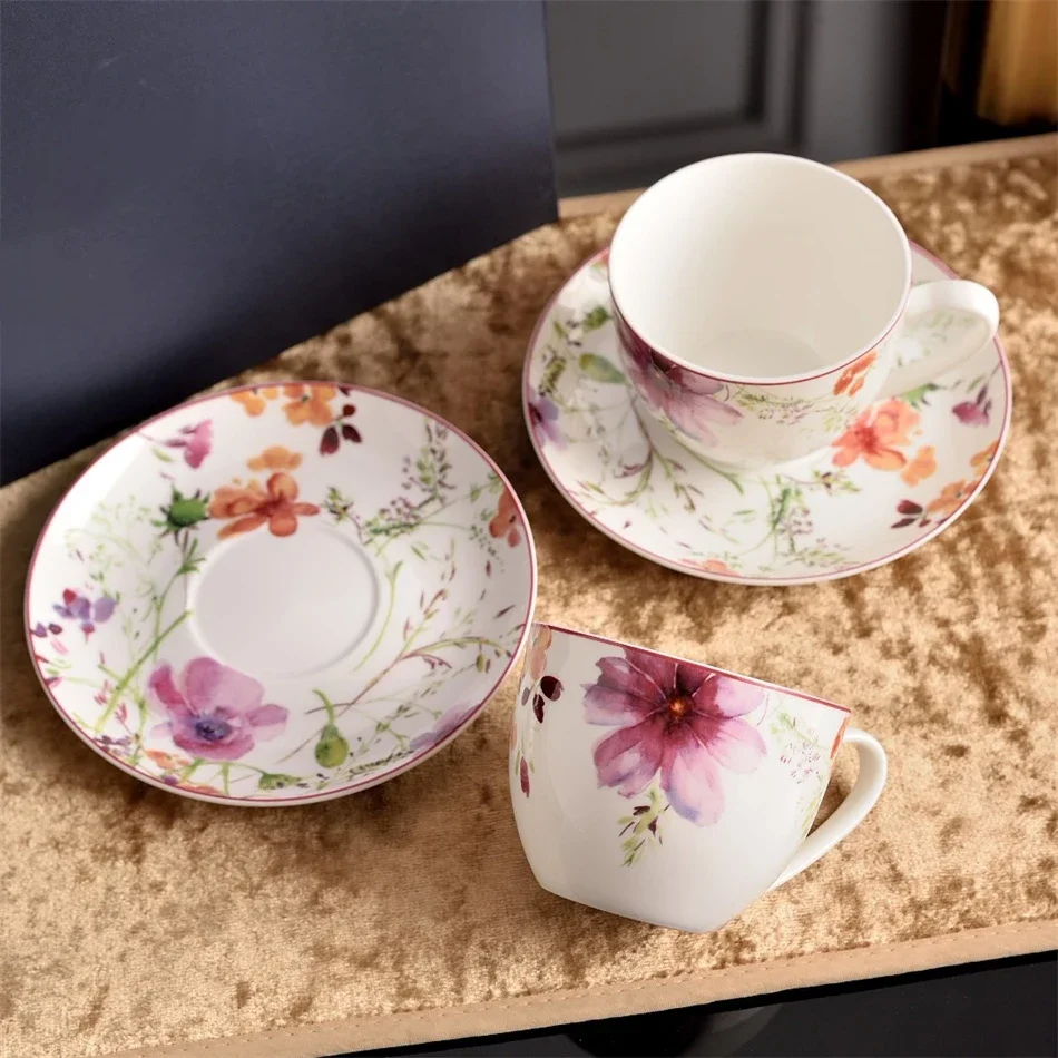 European Purple Floral Bone China Coffee Cup and Saucer set Afternoon Tea Mug Household Ceramic Dessert and Dinner Plates Gift