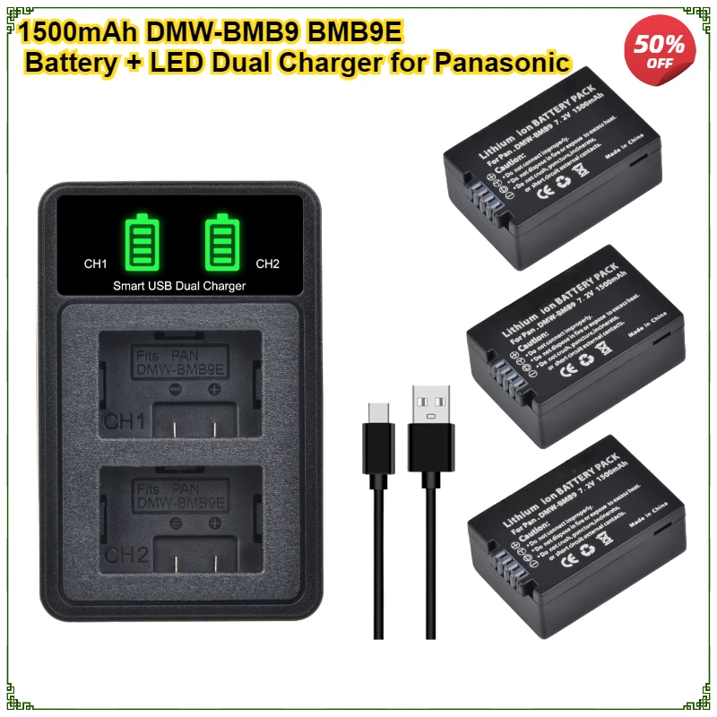 

1500mAh DMW-BMB9 BMB9E BMB9PP Battery + LED Dual Charger for Panasonic Lumix DC-FZ80 FZ40K FZ45K FZ47K Z48K FZ70 FZ60 FZ100