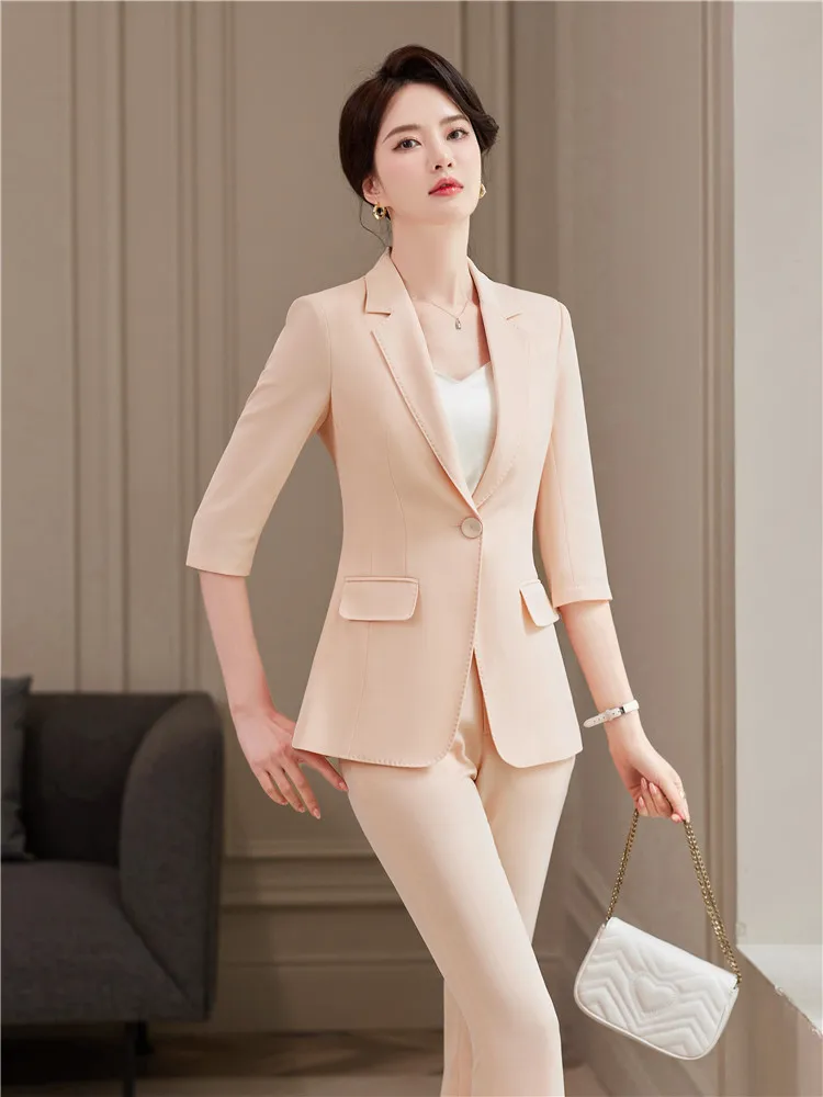 Women\'s Office Suit Blazer Pantsuit Simple Solid Color Suit Collar Blue Half Sleeve Top Flare Trousers Fashion 2 Piece Set