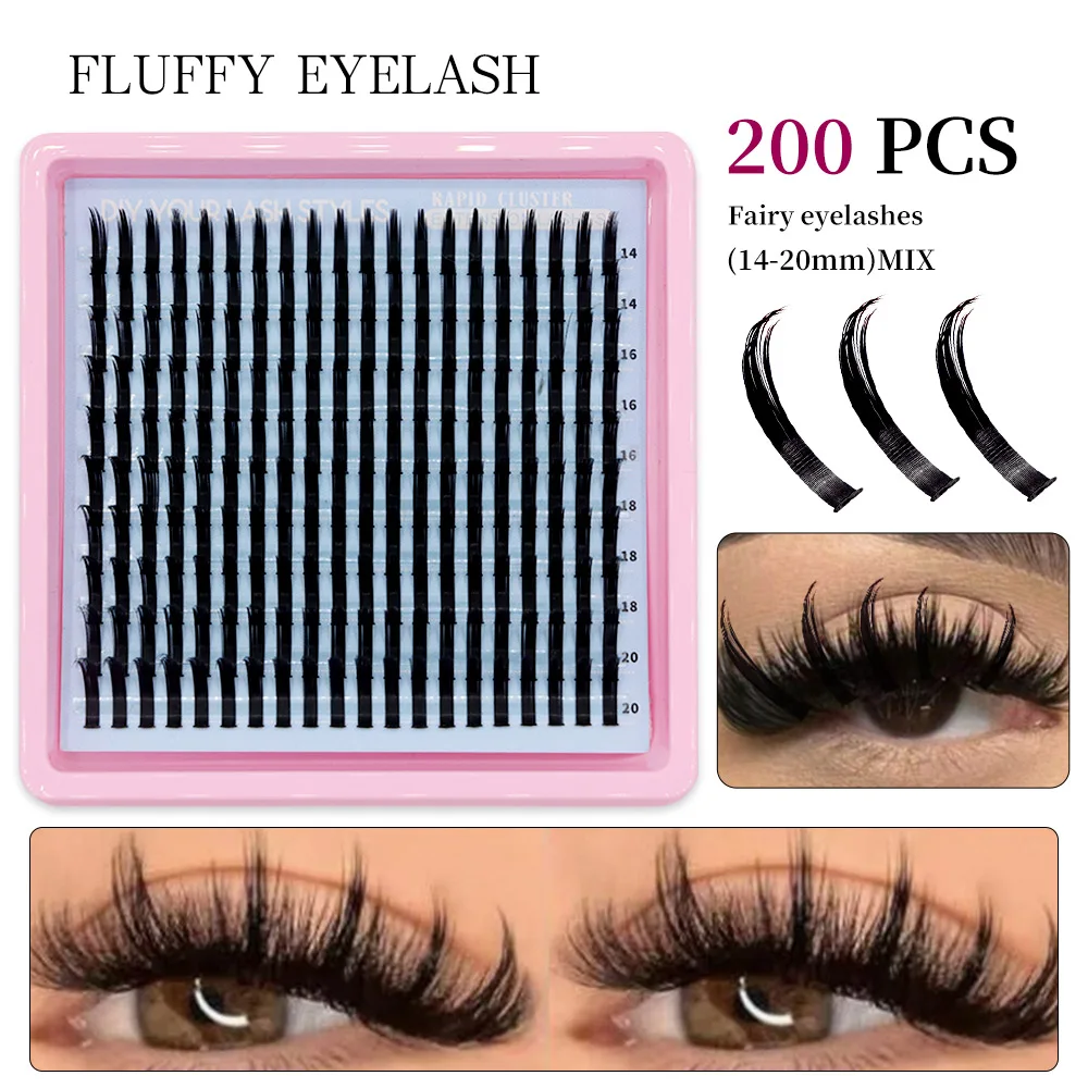 200개입 풍성한 검정색 인조 속눈썹 두꺼운 요정 스타일 아이 메이크업 도구 일상용 만화 무대용 어두운 속눈썹 연장에 적합