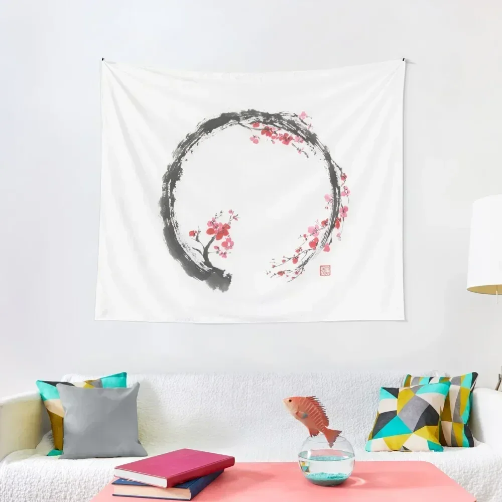 Zen sumi-e conceptual painting of Enso circle as a red cherry blossom branch art print Tapestry Room Decorator Tapestry