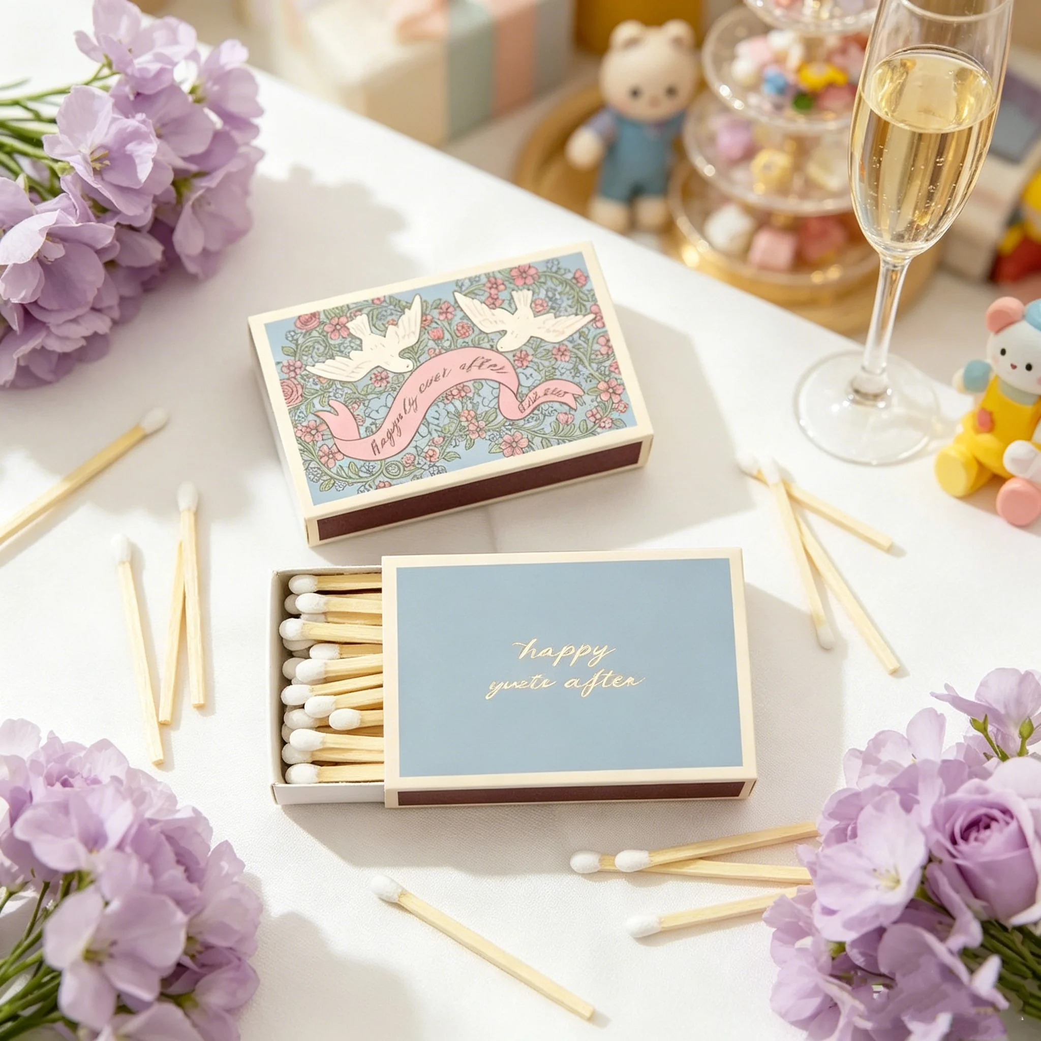 

Personalized Dove Wedding Matchboxes, Custom Romantic "Happily Ever After" Matches, Vintage Style Favors for Bridal Shower & Wed
