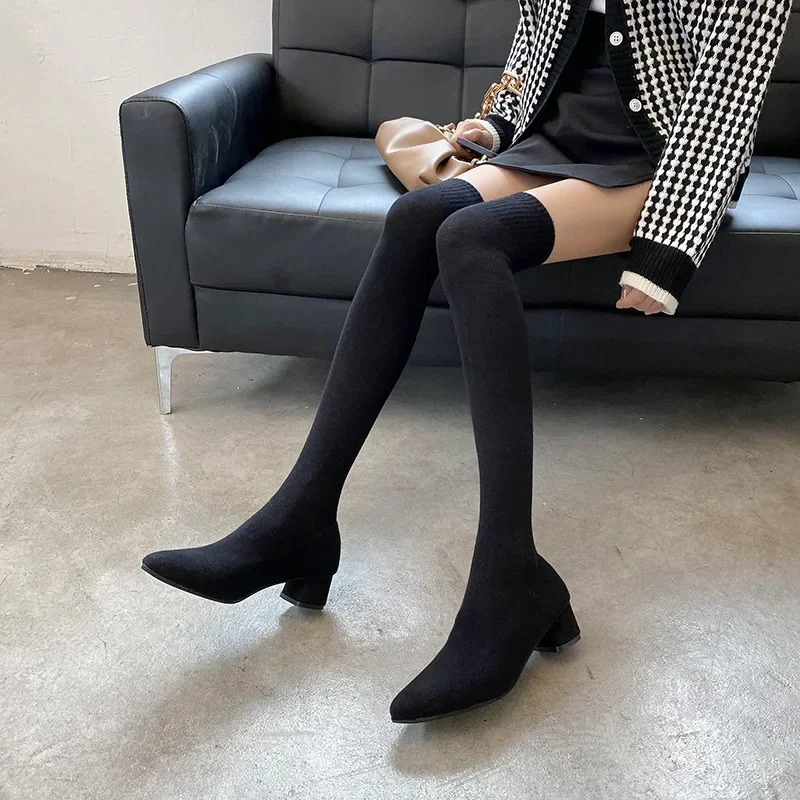 Fashion Thigh High Boots Stretch Fabric Sock Boots Women Pointed Toe High Heels Shoes 2023 Autumn Winter Sexy Over The Knee Boot