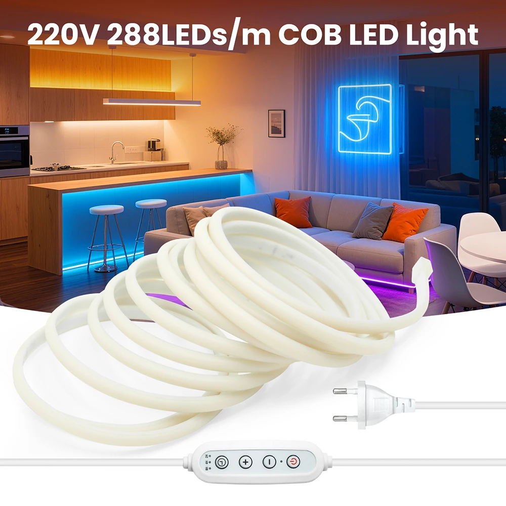 Flexible LED COB Neon Tube Rope Light Strip Power Kit 220V 288 LEDs Waterproof 10 Color with Dimmer Timer for Shop Sign Lighting
