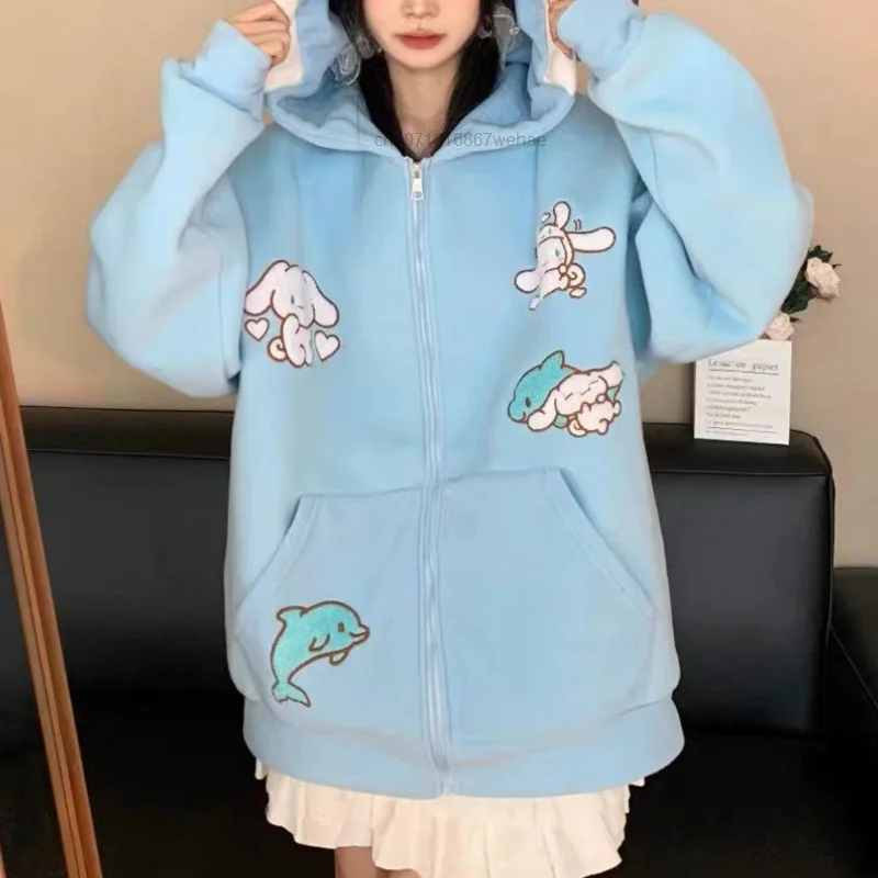 Sanrio Cinnamoroll Printed Hooded Sweetheart Women\'s Cute Autumn and Winter New Loose Korean Coat Zipper Cute Cartoon Jackets