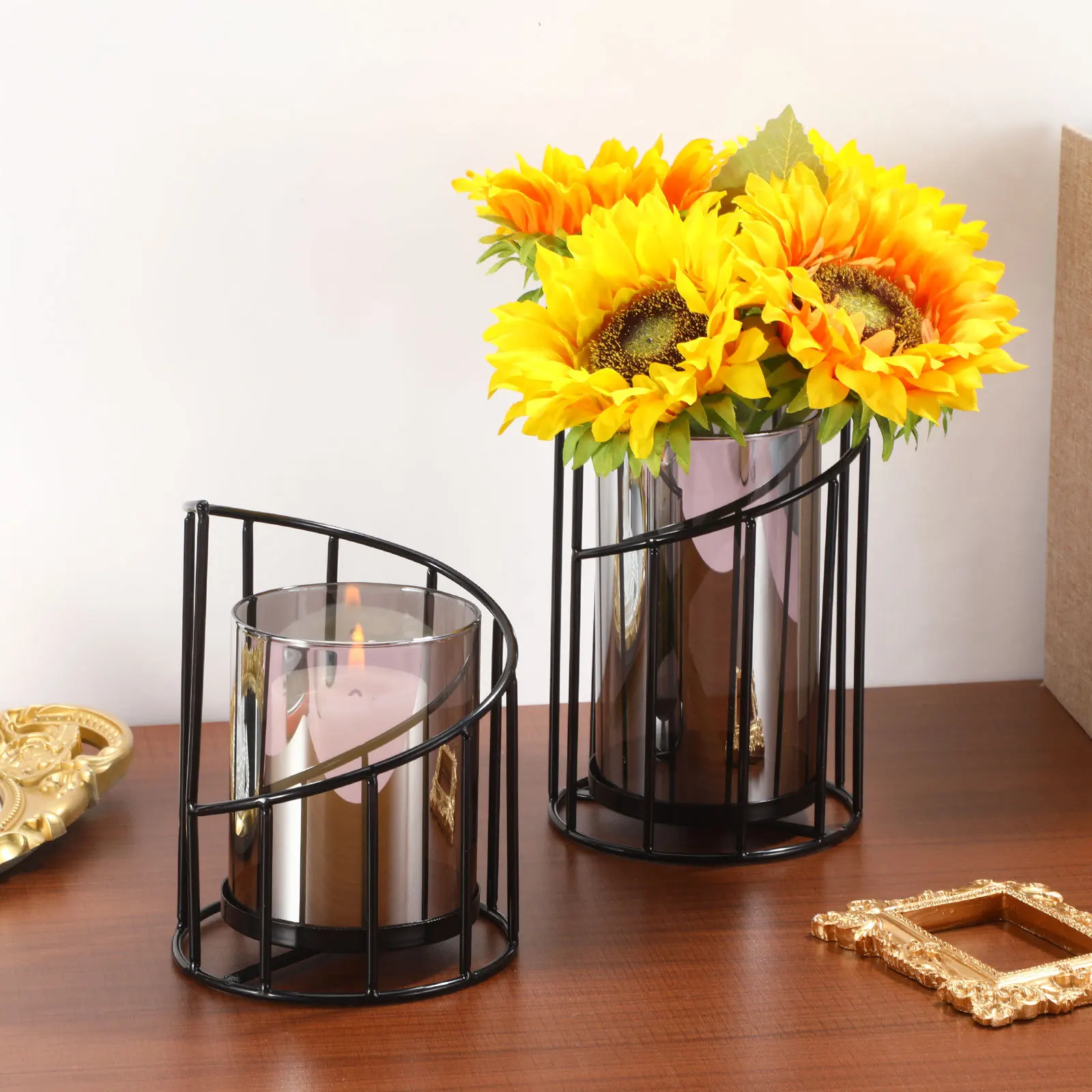 

2pcs Metal Candlestick Holder Tabletop: Geometric Iron Art Stand With Glass Vase For Living Room Decor Centerpiece Pillar