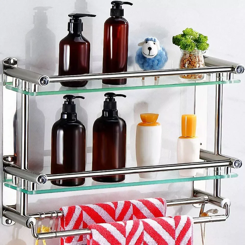 3 Tier Bathroom Shelf Towel Rack Tempered Glass Floating Shelves Wall Mounted Stainless Steel Rack Rail Holder Organizer