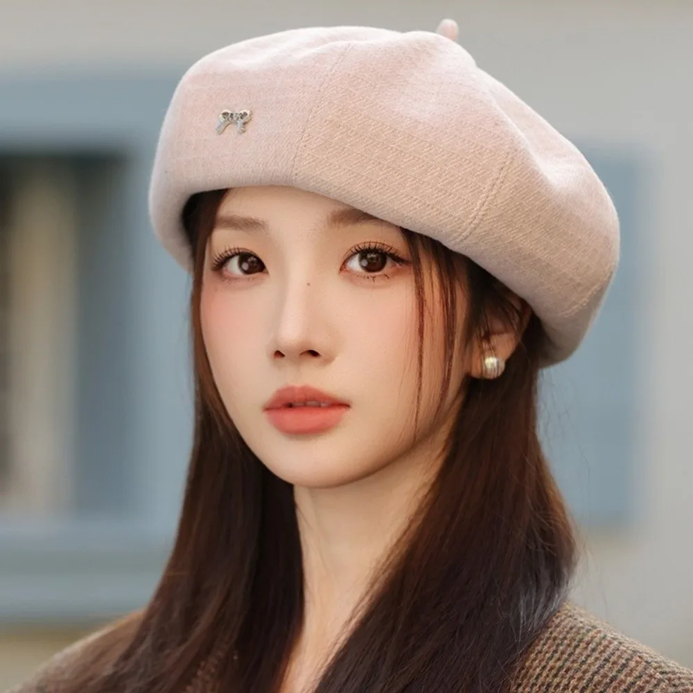 

Vintage Bow Women Berets Elastic Keep Warm Painter Caps Solid Color Korean Style British Beanie Hat Girls