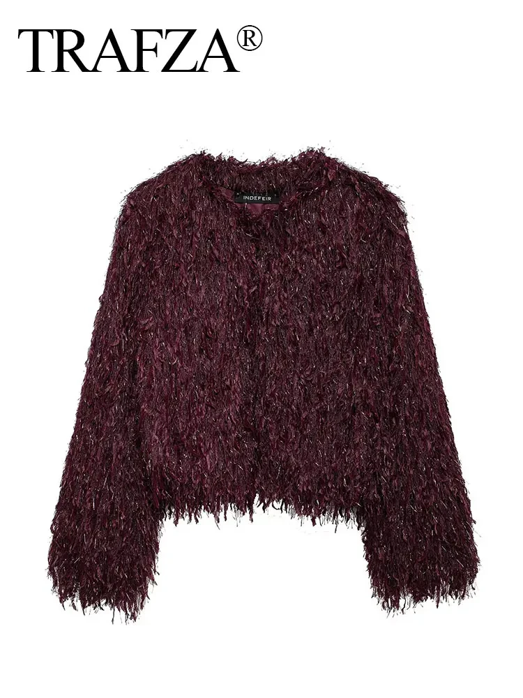 TRAFZA Frauen Elegante Feste Faux Pelzmantel O Hals Langarm Fuzzy Jacke 2024 Winter Weibliche Mode