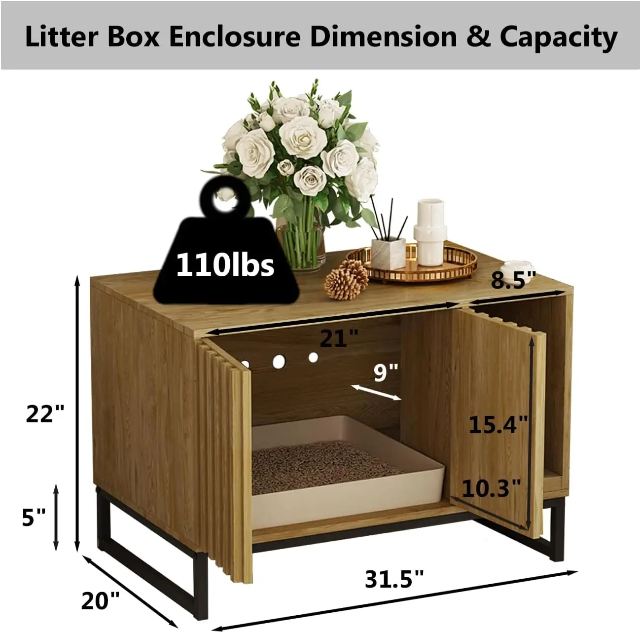 Vabches Cat Litter Box Enclosure Wood Cat House with Cat Scratch Pad & Metal Legs Cat Cabinet End Table for Living Room Entryway