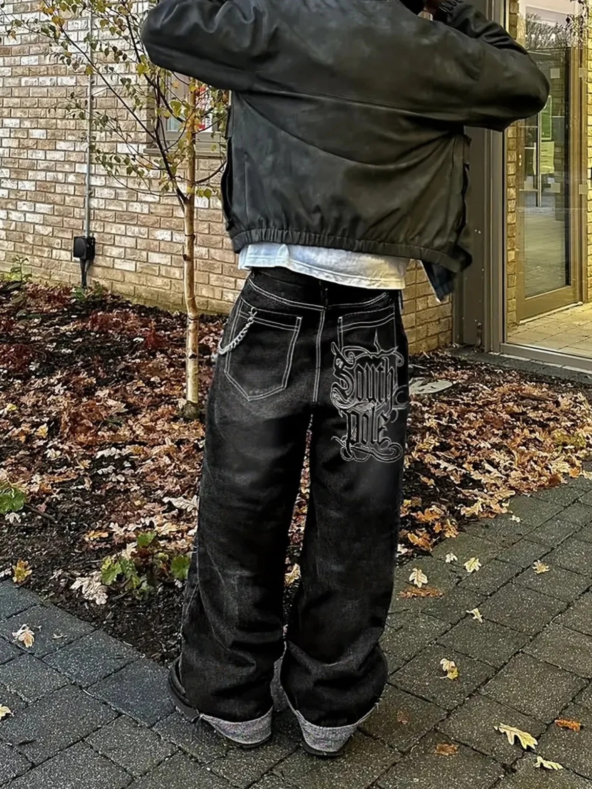 Y2K جينز فضفاض جمالي قوطي للرجال والنساء سروال دينم عتيق مطرز على القطب الجنوبي ، ملابس الشارع الشهير بنطال واسع الساق