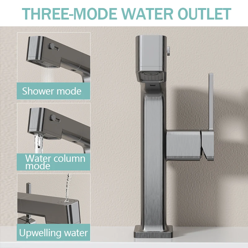 Pull Out Basin Faucet 3Mode Water Outlet Shower/Water Column/ Upwelling Water Brass Body Hot Cold Mixer Single Handle