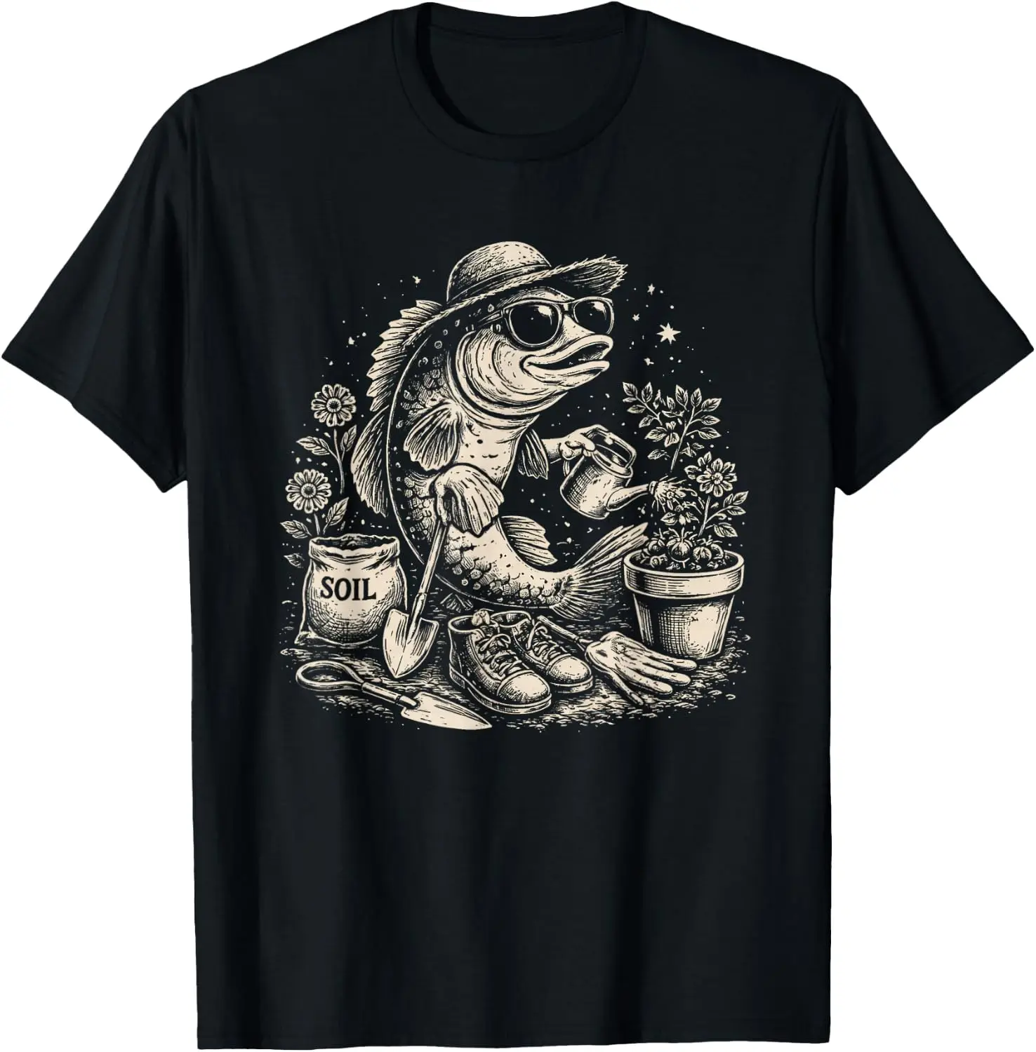 Funny Bass Fish Gardening Vintage Gardener Hobby Humor T-Shirt 100% Cotton Trendy Y2K Short-Sleeve Tee-Soft, Quick-Drying,