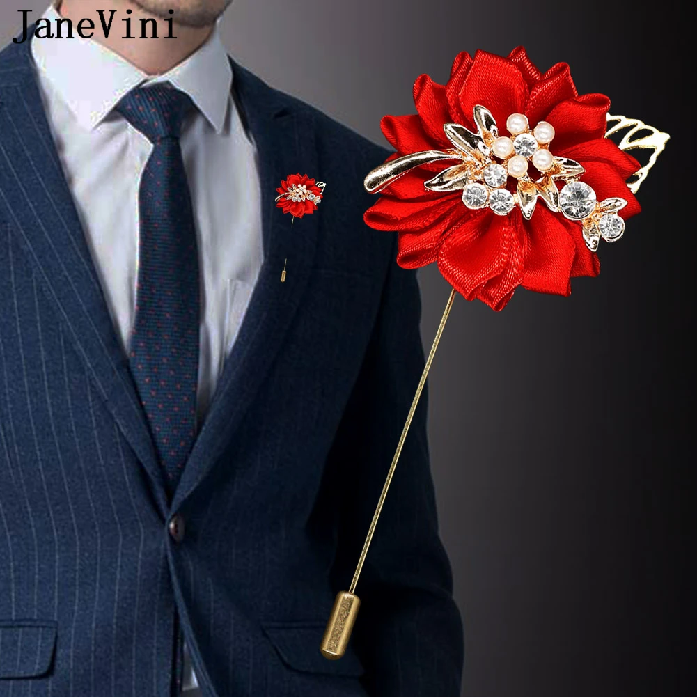 

JaneVini Luxury Crystal Pearl Groomsmen Boutonniere Wedding Corsage Men Brooch Pin Red Burgundy Flower Groom Bridal Boutonnieres