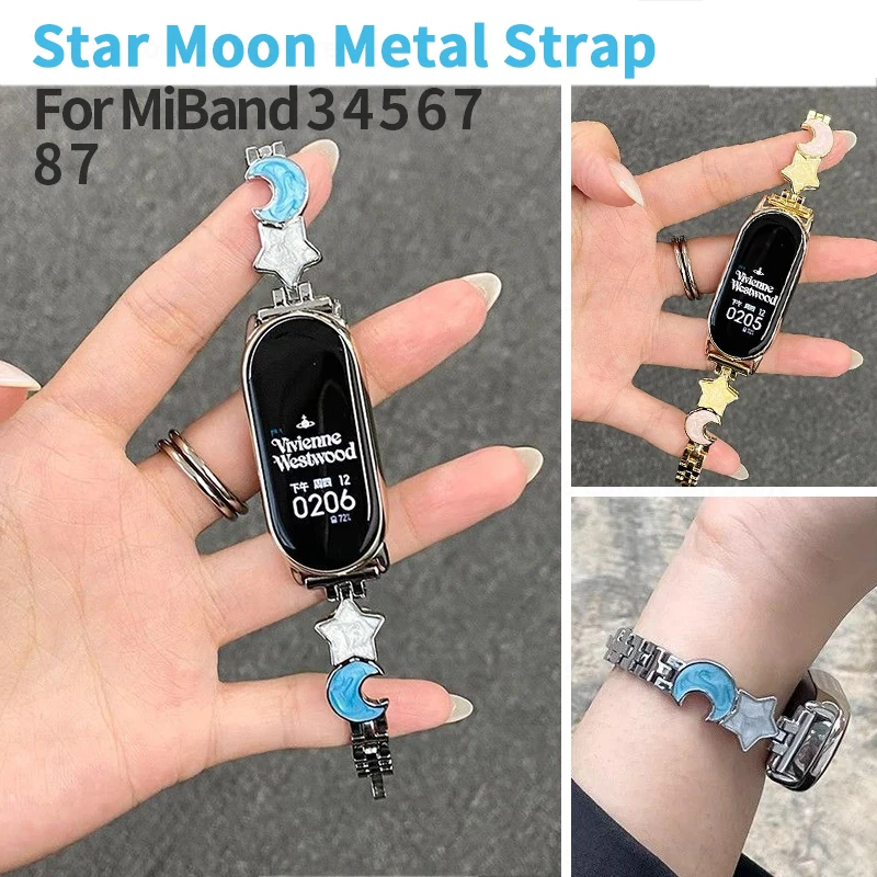 Luxury Metal Strap for Xiaomi Mi Band 8 7 Moon Star Bracelet for MI Band 6 5 4 3 Replacement Wristband Women Jewelry Accessories