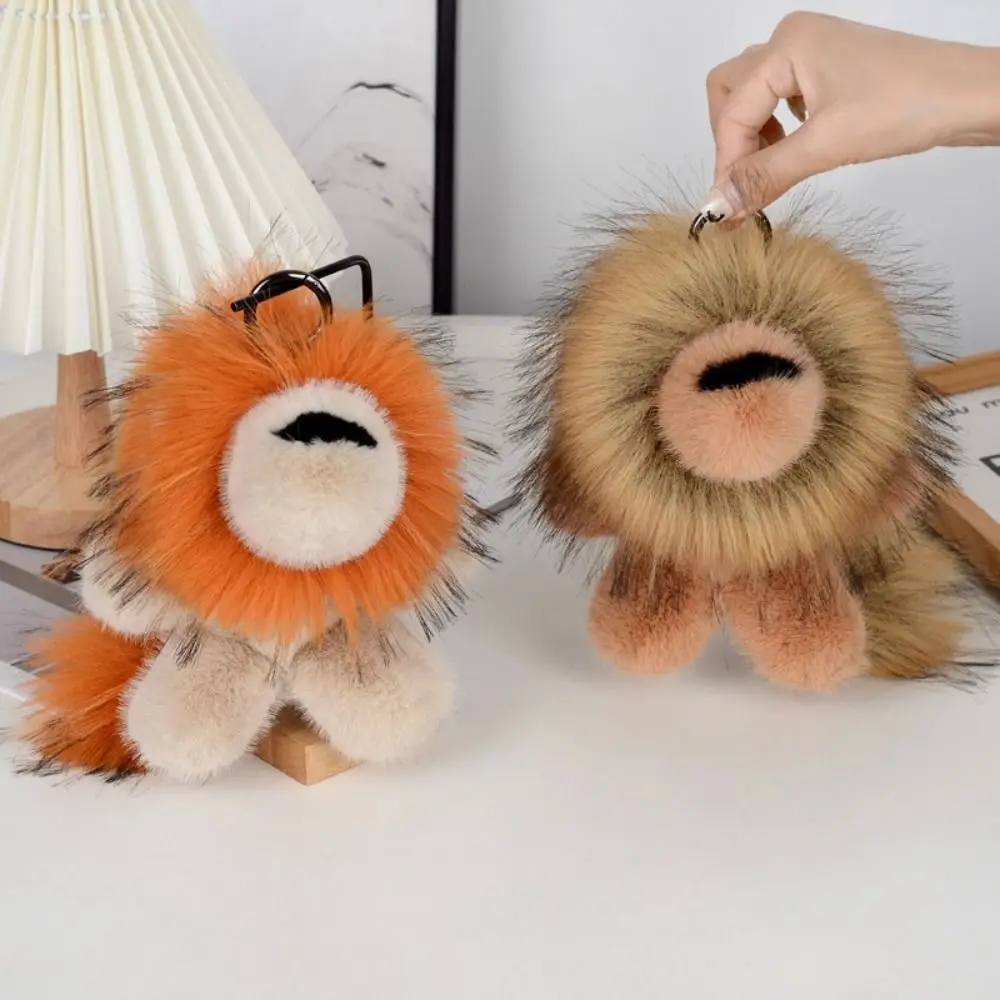 Long Mane Lion Plush Pendant with Tail Stuffed Plush Lion Keychain Ornaments Simulation Rabbit Fur Cute Animal Keychain