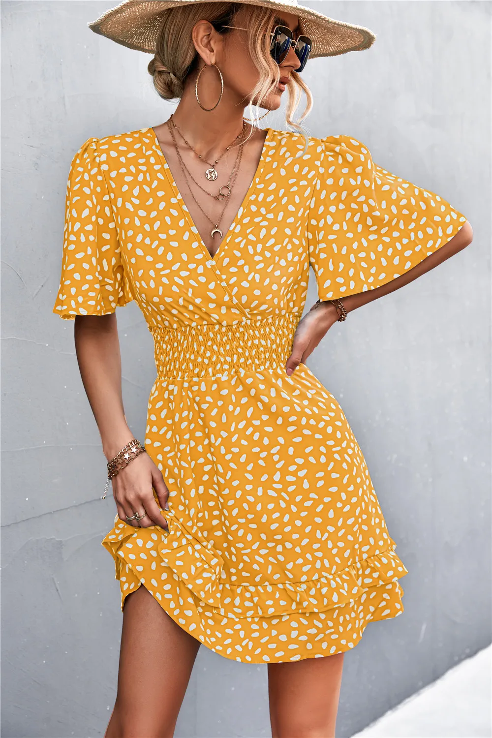 Women Dot Pattern Dress V-neck Ruffle Sleeve Dress Casual Street Sexy Style Dress Waist Wrap Dress Women Summer Dress