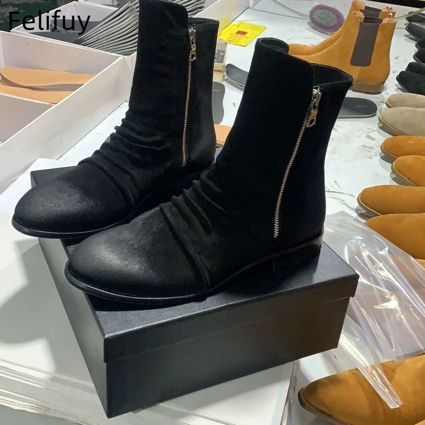 

Черные мужские ботильоны с морщинами, мотоциклетные ботинки с высоким берцем, ботинки из натуральной кожи на молнии, уличная нескользящая повседневная обувь из коровьей замши