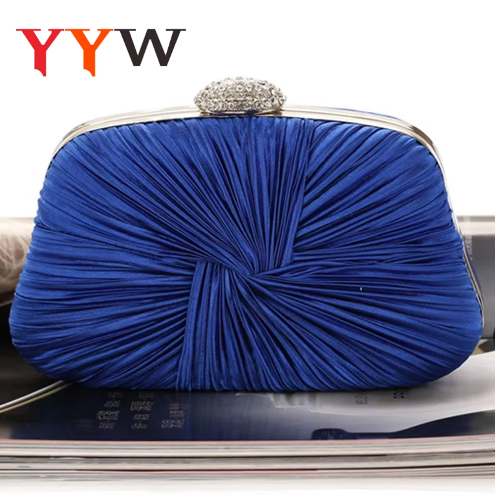 Royal Blue Pleat & Pillow Shaped Clutch Bag Elegant Designer Clutch With Chain Rhinestone Hasp Wedding Bridal Party Purse 2024