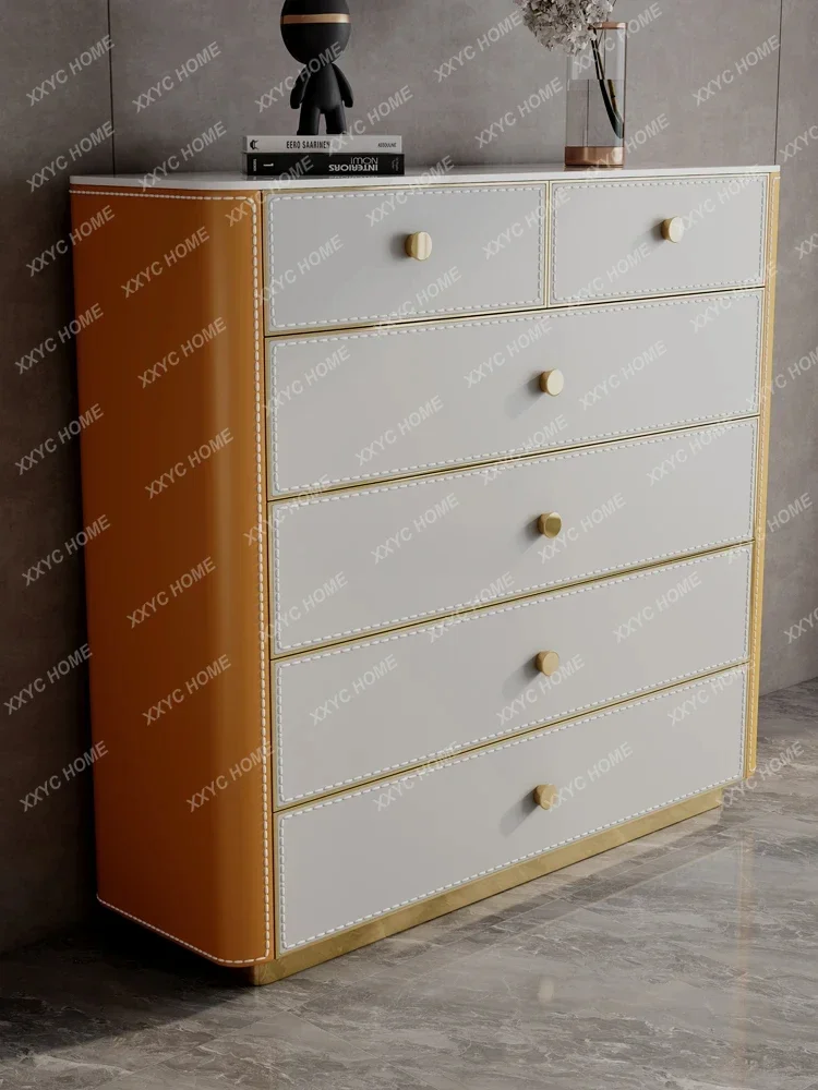 

Легкий роскошный высококачественный седельный кожаный комод с шестью ящиками для гостиной, настенный ящик для хранения, шкаф из цельного дерева