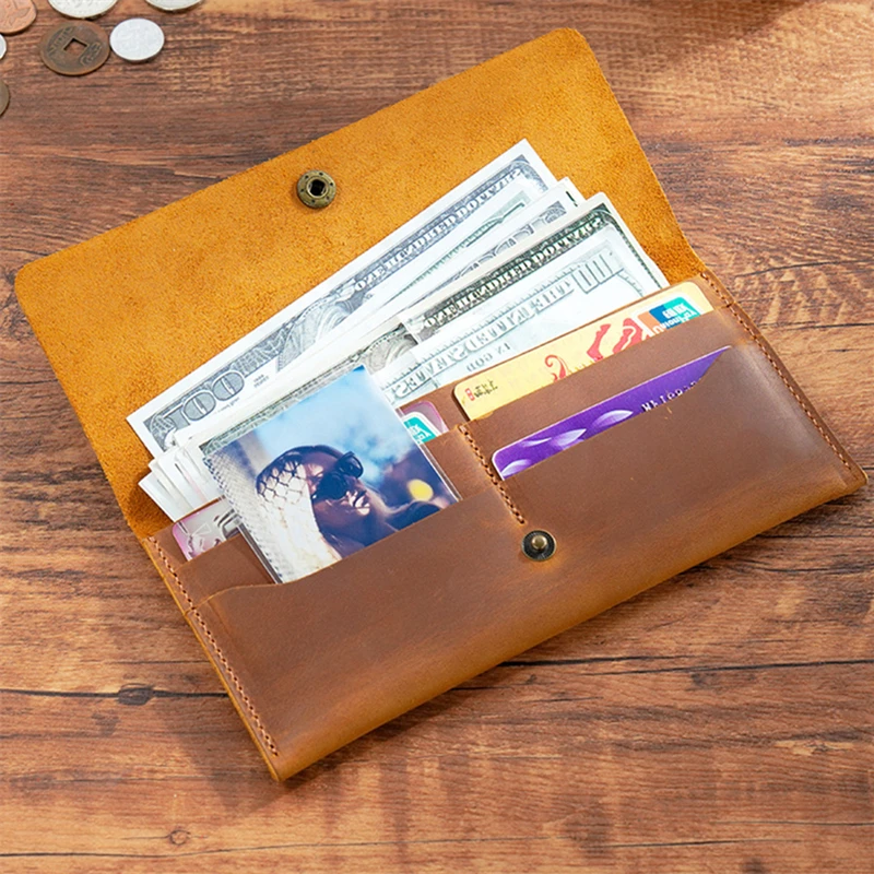 

Retro Long Leather Wallet Men Foldable Business Head Layer Cowhide Handheld Bag Thin Cash Money Clip Card Purse Holder For Man