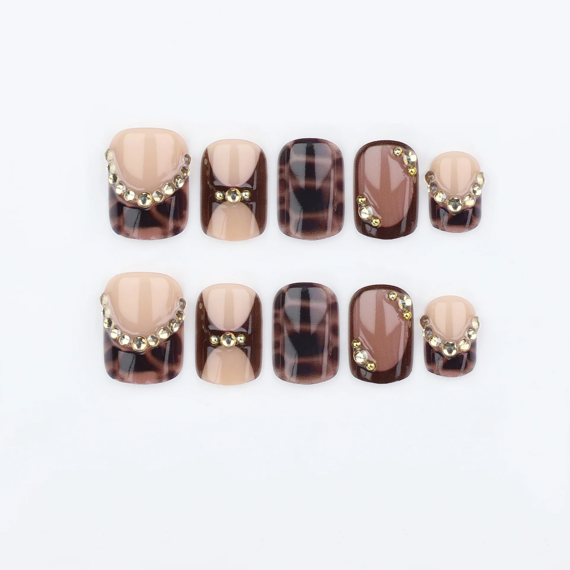 

24PCS Luxury Leopard Print False Nails with Gold Beads French Tip Full Cover Nail Tips Autumn Winter Press on Acrylic Nails Uñas