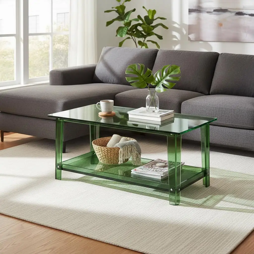 

Lucite Living Room Table 19.7 x 31.5 x 15.7 in For Reception Area Gallery Lounge, 2 Tiers Dual Shelf Storage Modern Rectangle