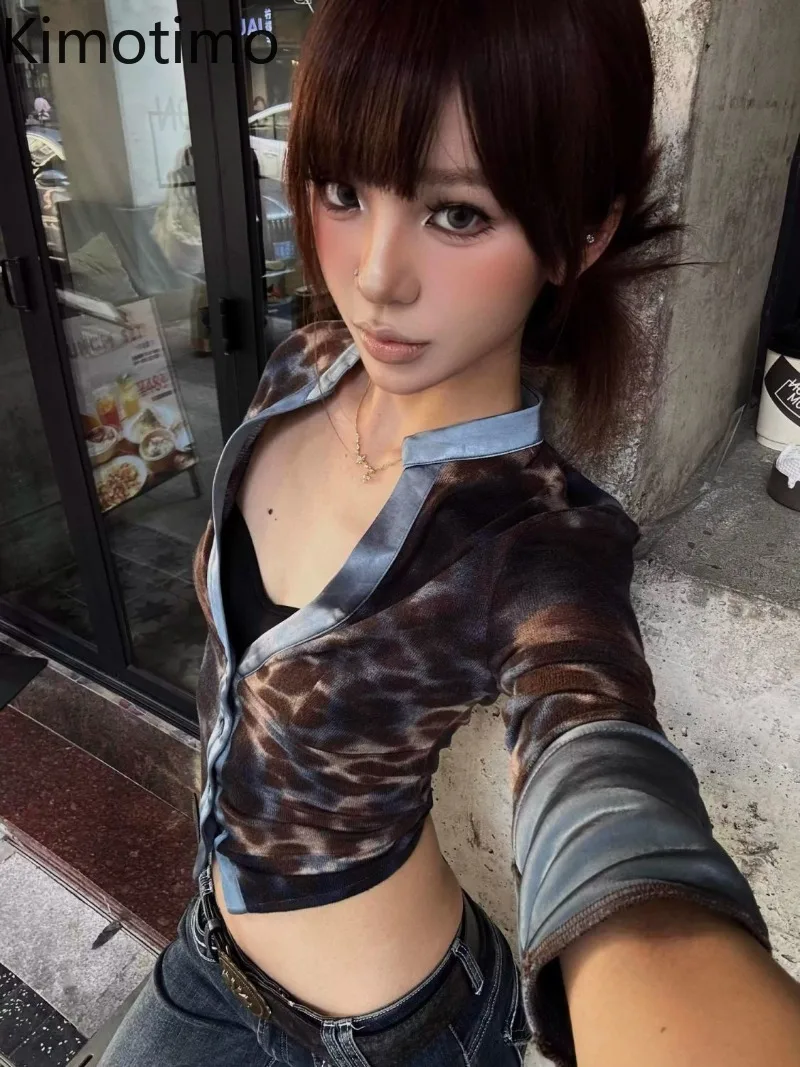 

Kimotimo American Sexy Leopard Patchwork Half Sleeve Shirts Women Vintage Slim Fit Waist Spicy Girl Crop Top Punk Fashion Blouse