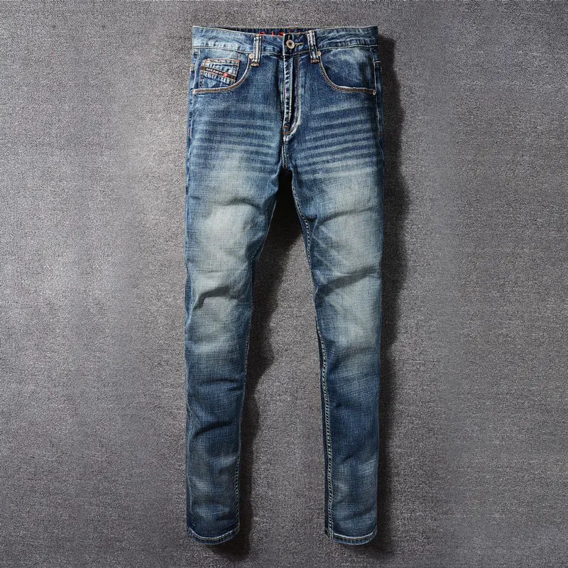 

Italian fashion designer men's blue jeans retro washed elastic slim fit split jeans men's casual pants retro jeans Hombre