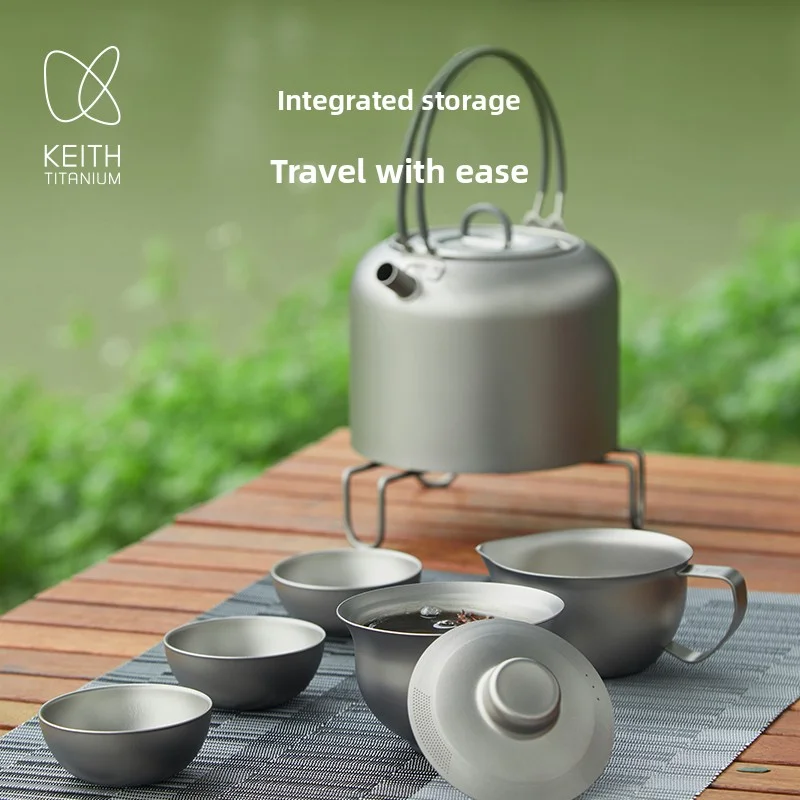 KEITH Portable Pure Titanium Travel Tea Set, Ultralight Stackable Tableware for Camping, Travel, Home & Office
