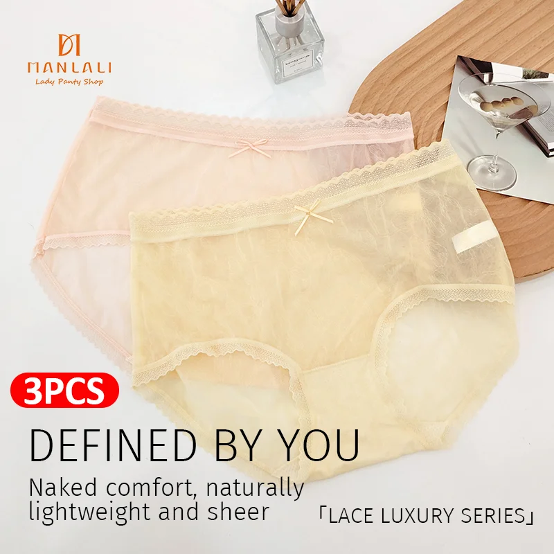 3PCS Women's Underwear Panty Fashion Sexy Lace Summer Breathable Comfort Briefs Mid Waist Seamless Underpants Female Lingerie