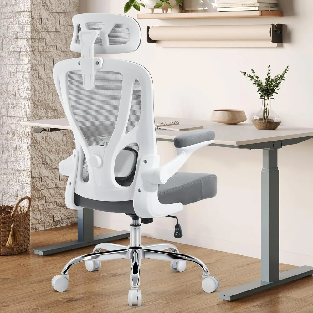 

Ergonomic mesh high back chair with lumbar head support rocking flip arms for home office grey