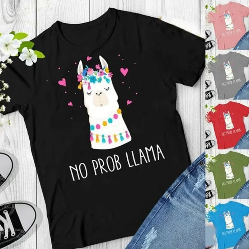 Camiseta con estampado de letras para Mujer, Camiseta holgada de manga corta con cuello redondo, NO PROB LLAMA Alpaca, Tops para Mujer