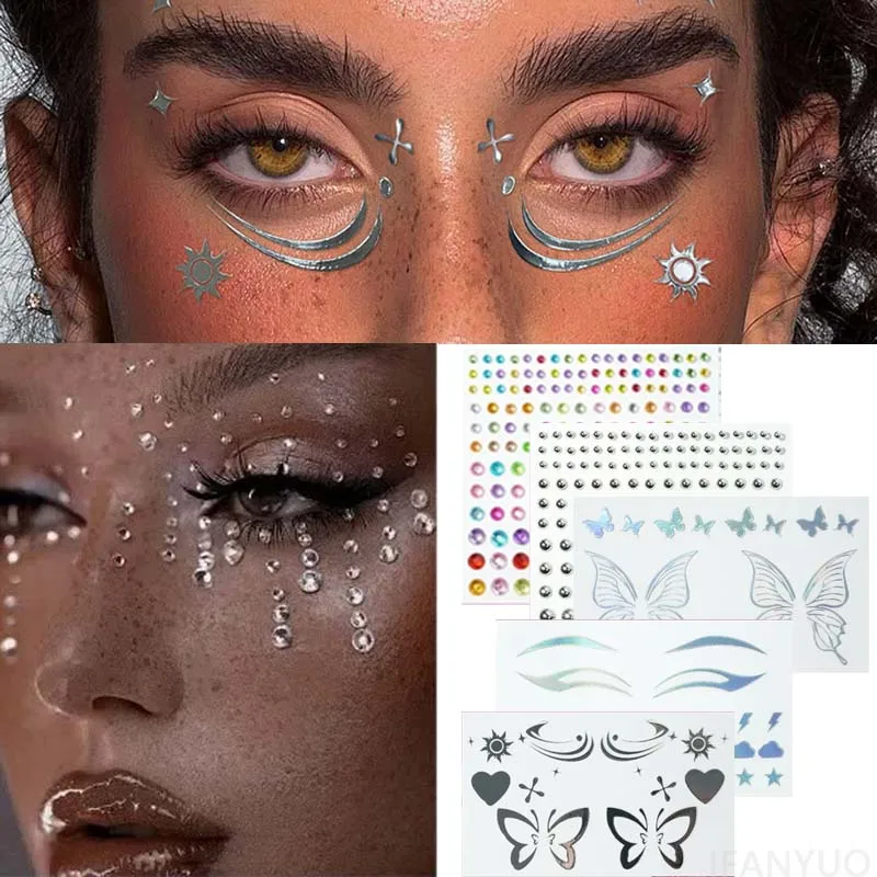 

Holographic Face Tattoo Sticker Eyeliner 3D Rhinestone Sticker Decorations Laser Silver Glitter Waterproof DIY Party Eye Makeup