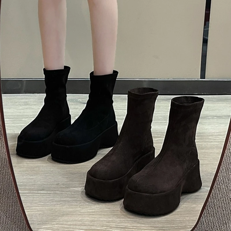 

Женские ботильоны на платформе и плоской подошве, модная обувь с круглым носком, увеличивающая рост, уличный стиль, женские современные эластичные тонкие короткие ботильоны