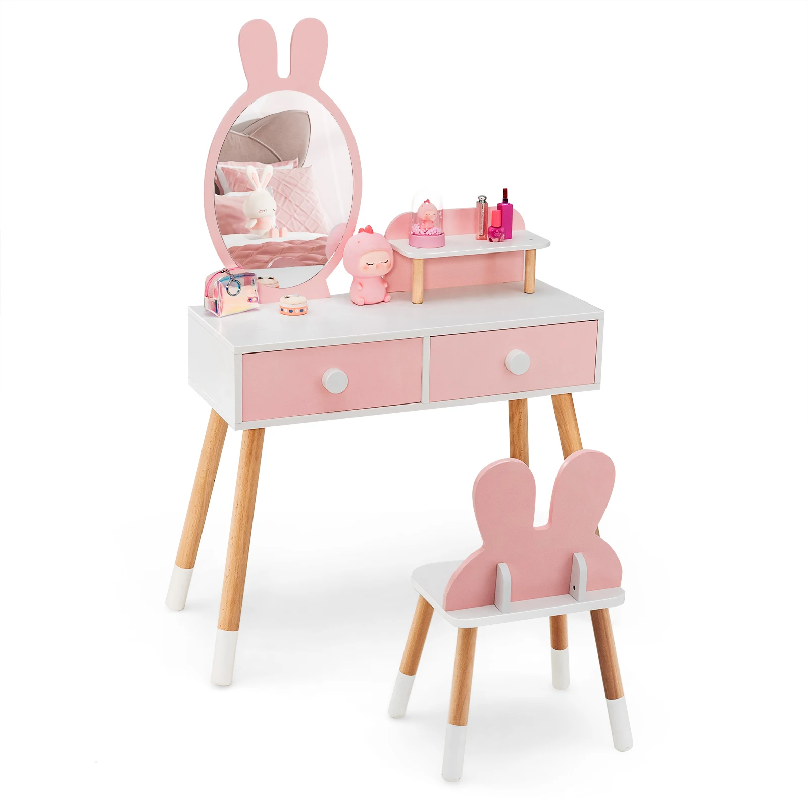 

Kid Vanity Set Makeup Table Stool with Drawer Shelf Wood Leg Rabbit Mirror Pink