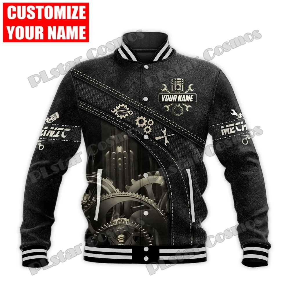 Jaqueta masculina de beisebol Varsity, nome personalizado, padrão mecânico, impresso em 3D, unisex, casual, inverno, moda, BQF06