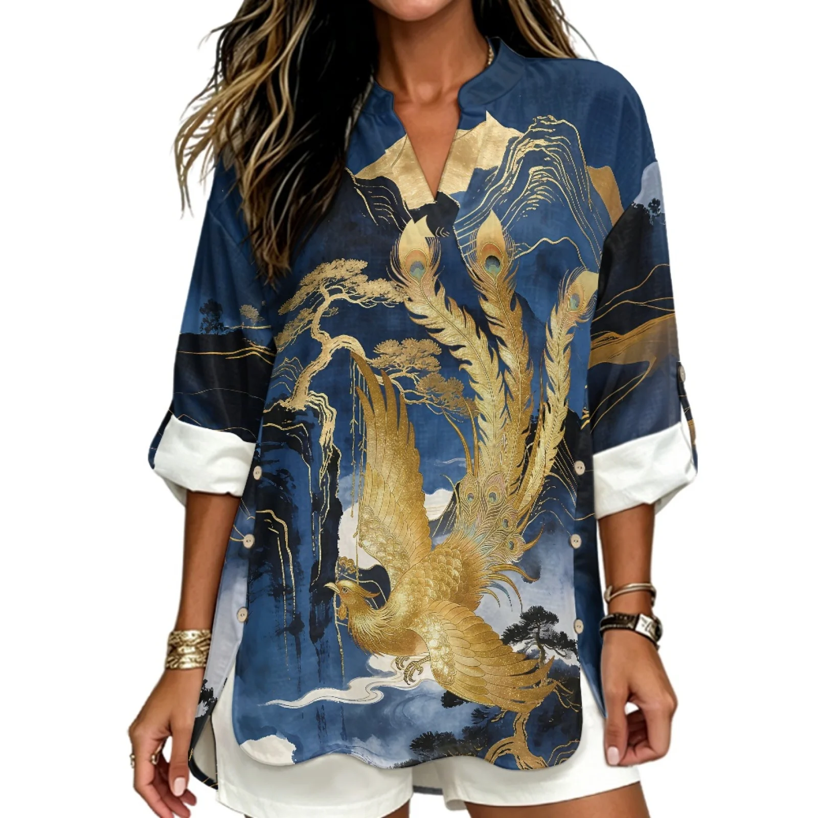 PENSTROLL Golden Phoenix Print Roll-Up Casual Blouses for Ladies Linen Like Women's Long Sleeve Shirts Women's Shirts