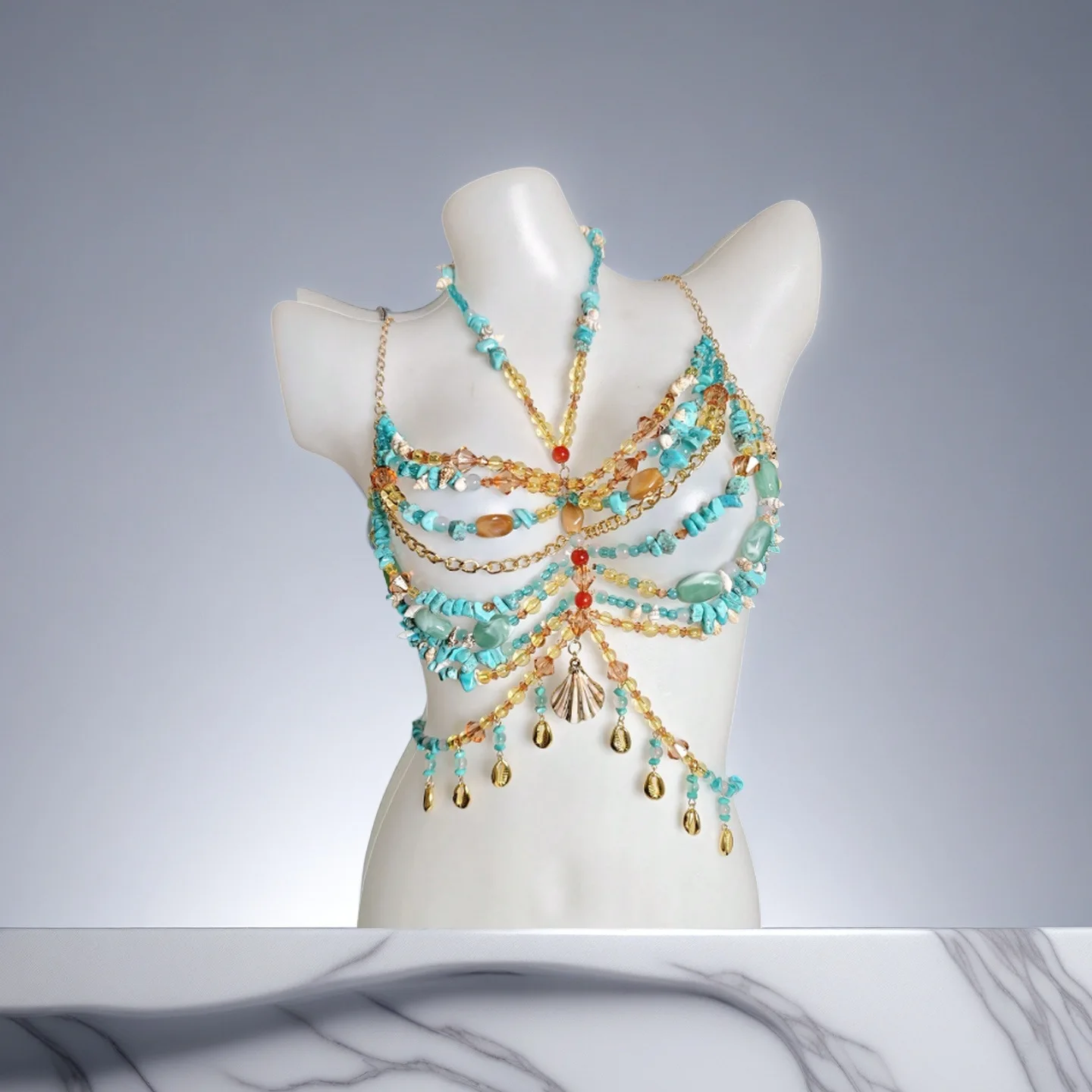 

2026 European and American Vest Handmade Fashion Beaded Bra Women's Top Small Tank Top Body Chain Chest Chain Music Festival Top