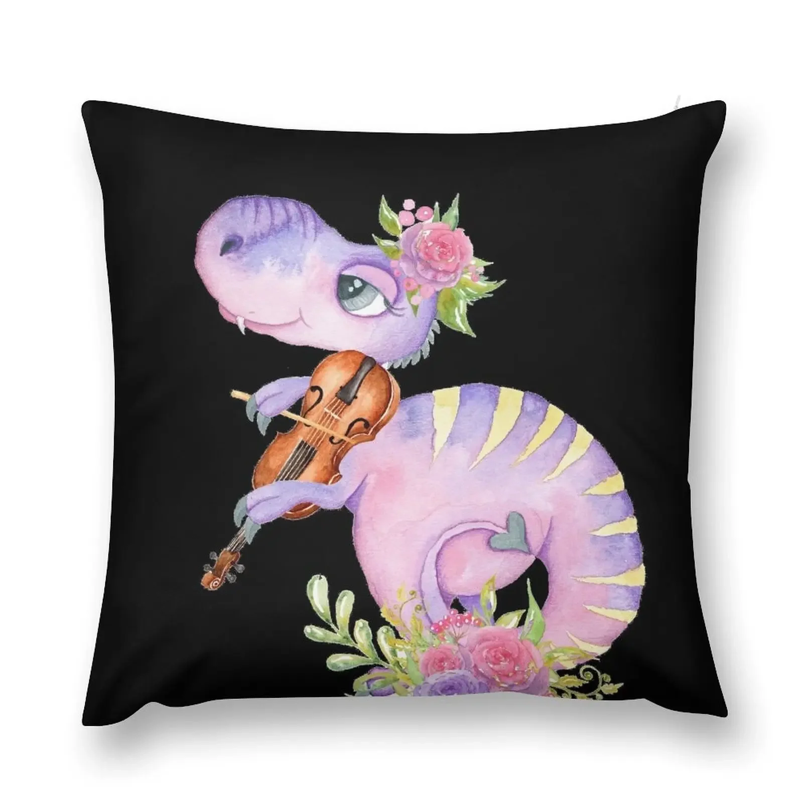 Dinosaur Playing The Violin, Floral Dino Art, Music Dinosaurs And Flowers Throw Pillow Luxury Pillow Case pillow