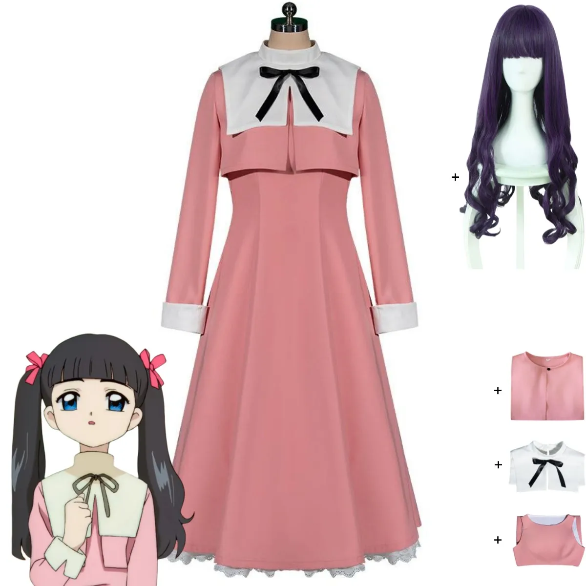 

Anime Cardcaptor Sakura Daidouji Tomoyo Cosplay Costume Pink Long Sleeves Dress Shawl Top Wig Woman Cute Kawaii Carnival Suit