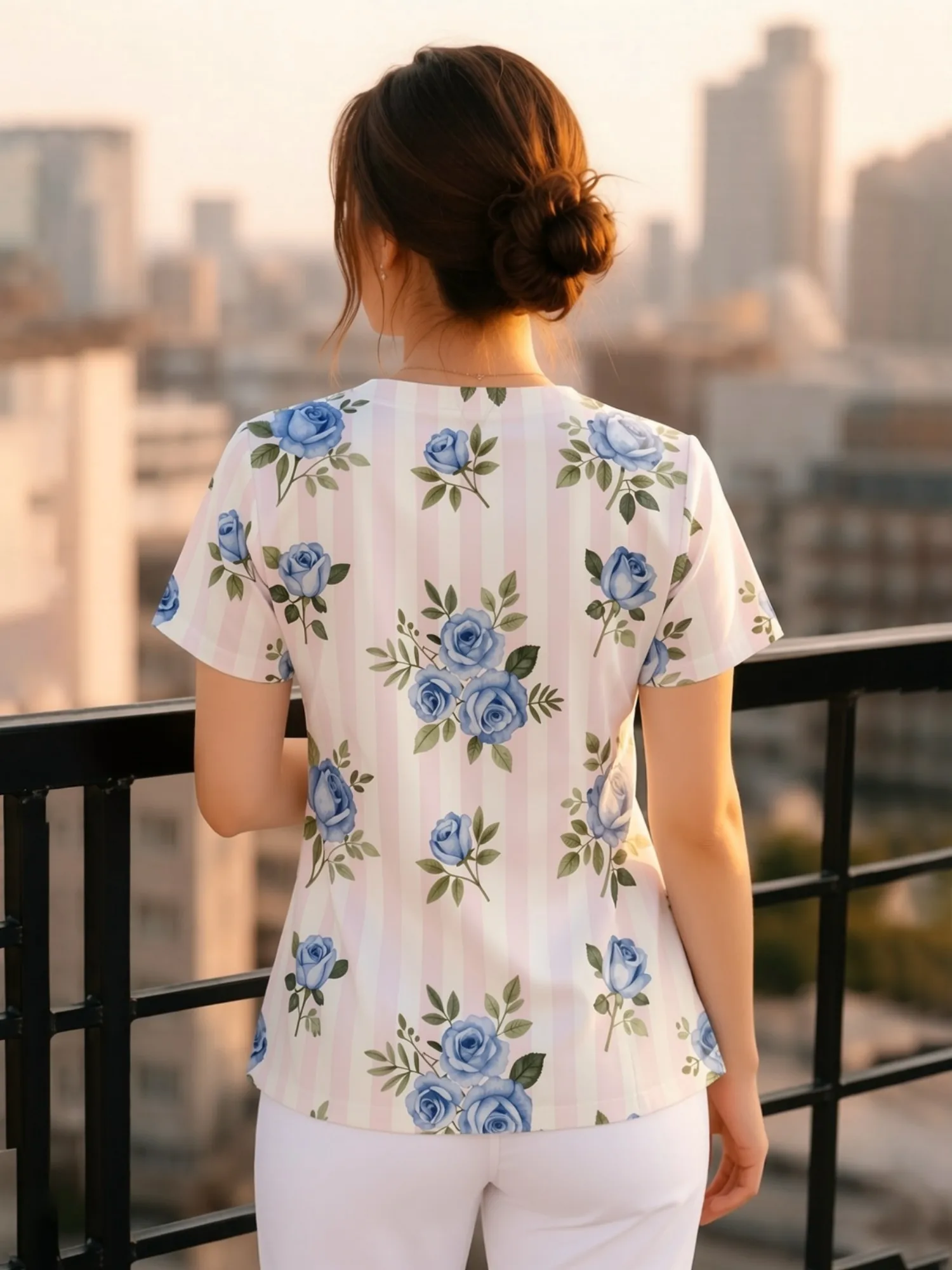 Ladies V Neck Healthcare Scrub Top With Useful Front Pockets Floral Print Casual Fit Relaxed Comfortable Fit For Daily Care Work