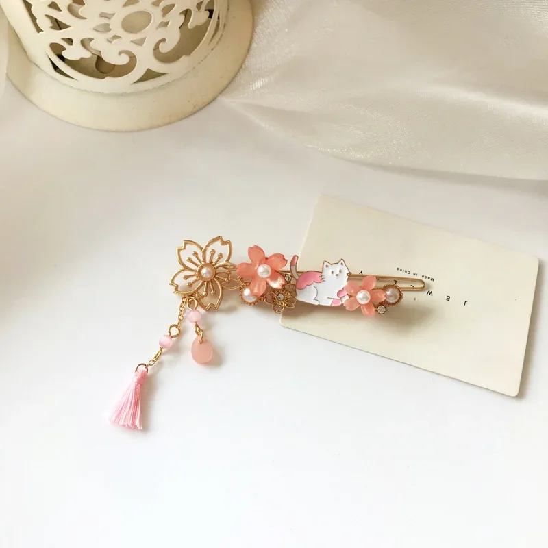 Japanese Cherry Blossom Daisy Flower Pink Sakura Hairpin Fashion Cute Animal Cat Rabbit Planet Hairclip for Women Girls flowers