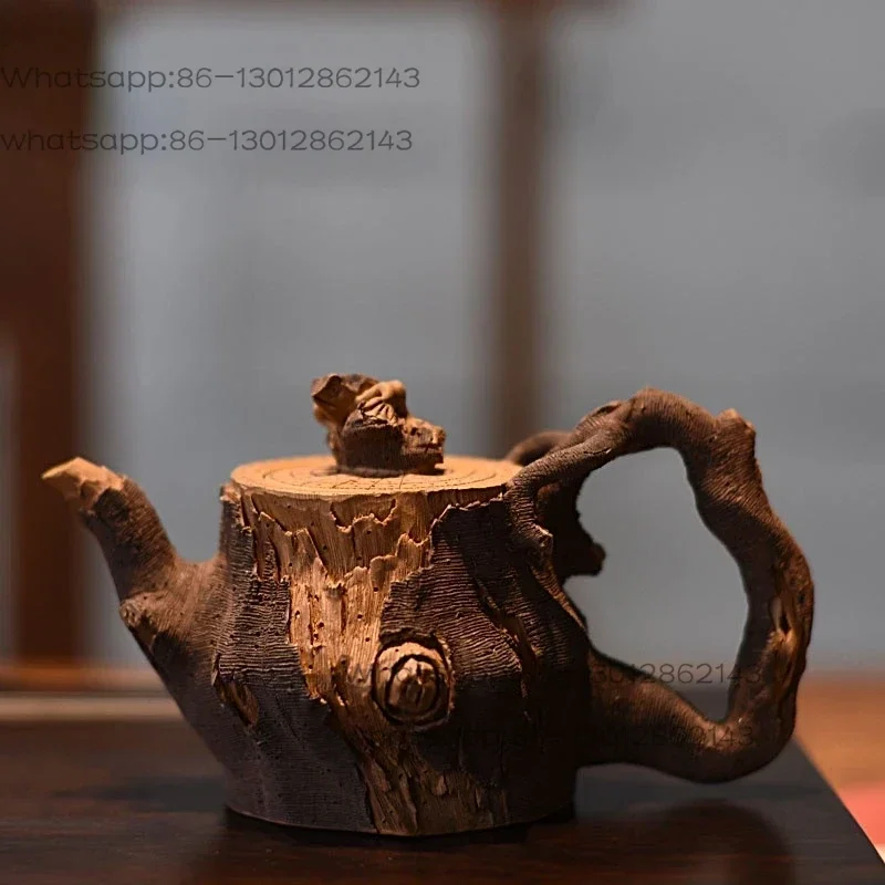 Tree stump teapot - handmade purple clay (Yixing purple clay), tea set with frog lid