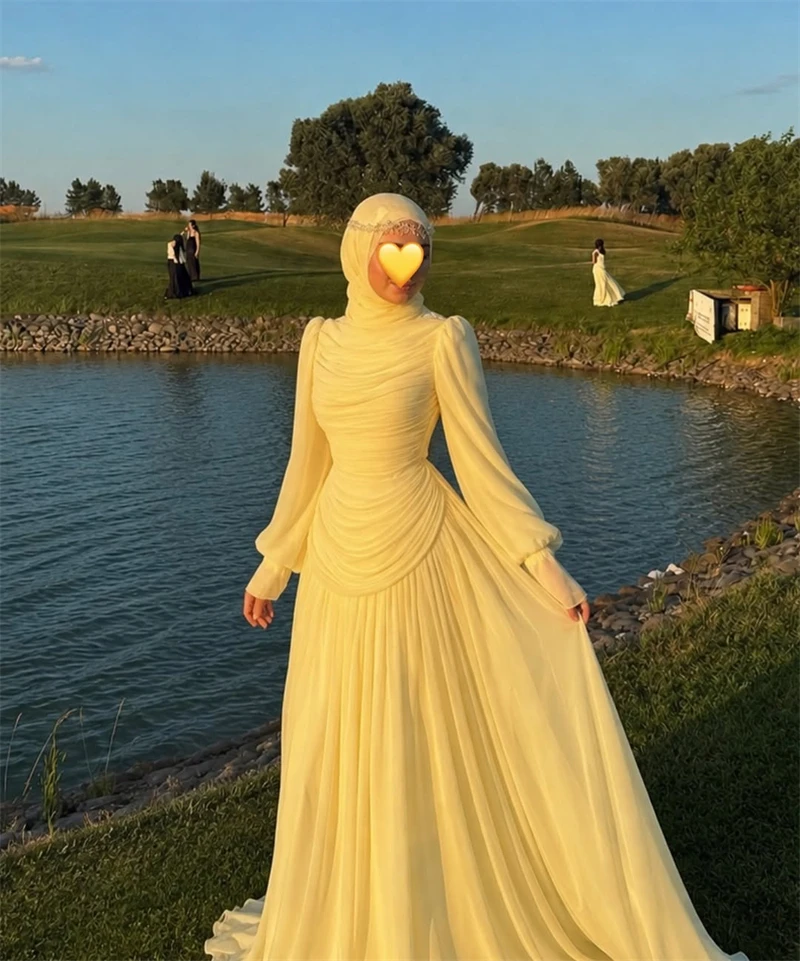 Xijun Luxury Yellow Chiffon Evening Dresses Full Sleeves Pleated A-Line Prom Dresses Formal Muslim Prom Gowns Women Customized